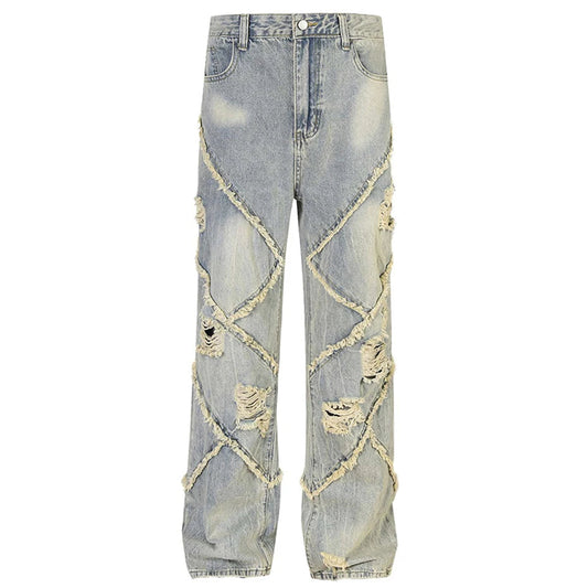 vintage ripped patchwork baggy jeans mens streetwear hip hop loose blue jeans trousers y2k distressed straight denim pants man denim street jeans