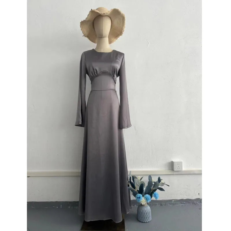 2024 Women Satin Long Dresses Sexy Lace Up Slim Evening Dresses Simple Round Neck Flare Sleeve Birthday Party Dresses For Women Street King Limited