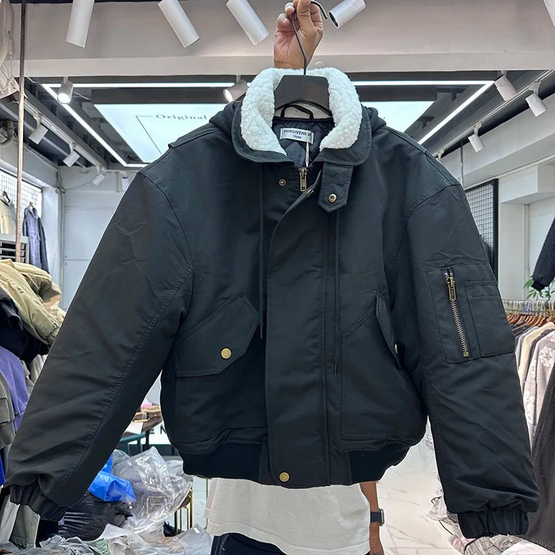 2024AW new cotton dress solid color hooded multi-pocket jacket Street King Limited