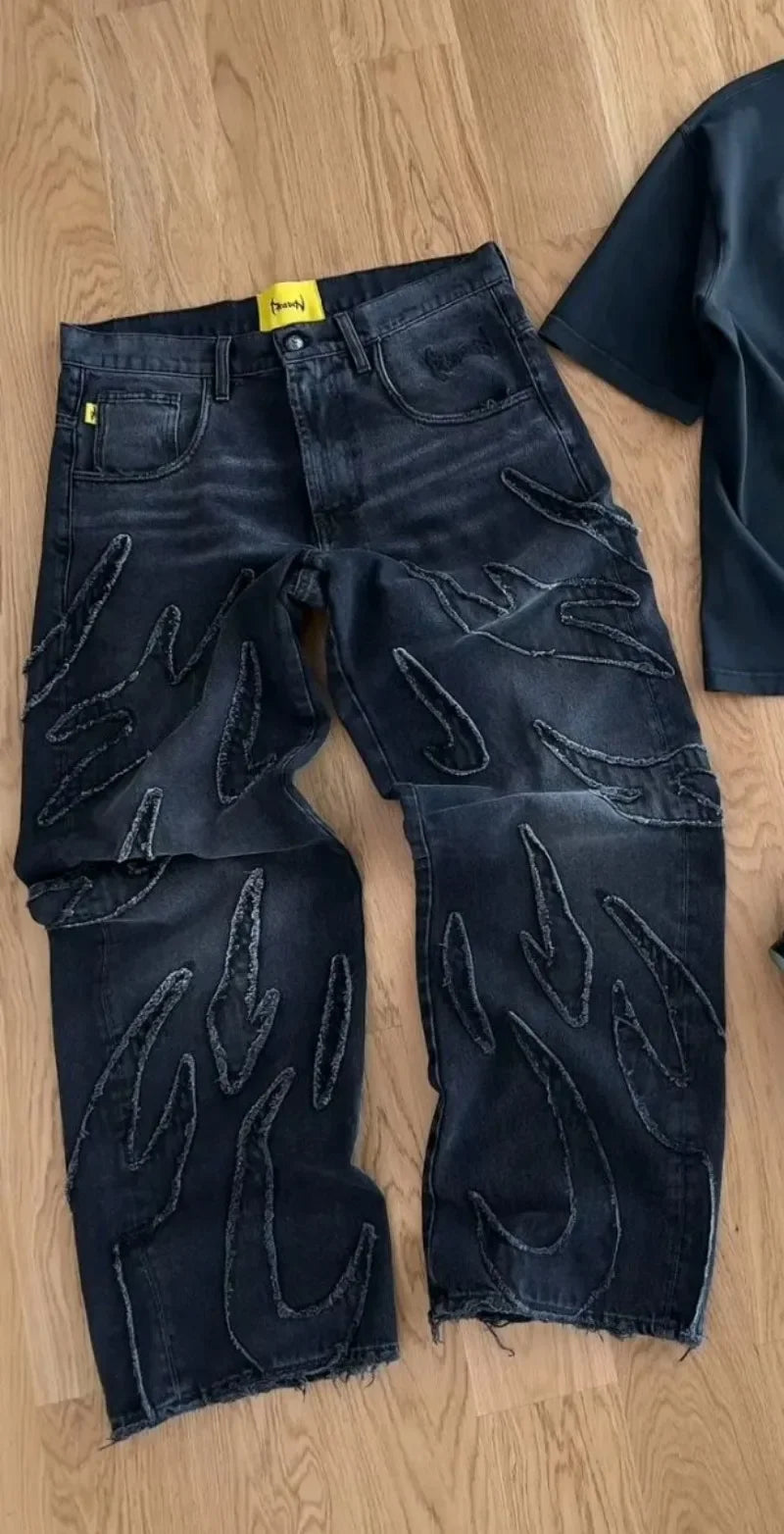 retro ripped y2k streetwear new baggy jeans women black embroidered jeans for women hip hop harajuku high waisted jeans unique jeans style 852