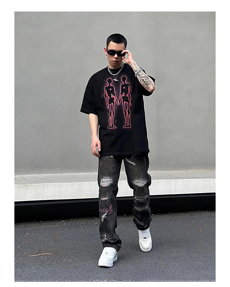 harajuku irregular scratched ripped holes denim jeans men zipper jeans hip hop streetwear new casual straight joggers jean pants unique joggers style 2944