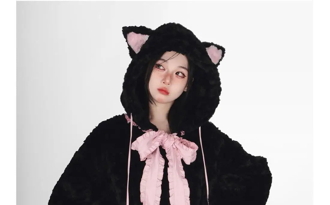 Harajuku Little WildCat Hoodies Women Bodysuit Black Tie Bowknot Cute Loose Goth Coat Y2k Style Kawaii Winter Clothes Women Street King Limited