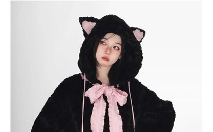 Harajuku Little WildCat Hoodies Women Bodysuit Black Tie Bowknot Cute Loose Goth Coat Y2k Style Kawaii Winter Clothes Women Street King Limited