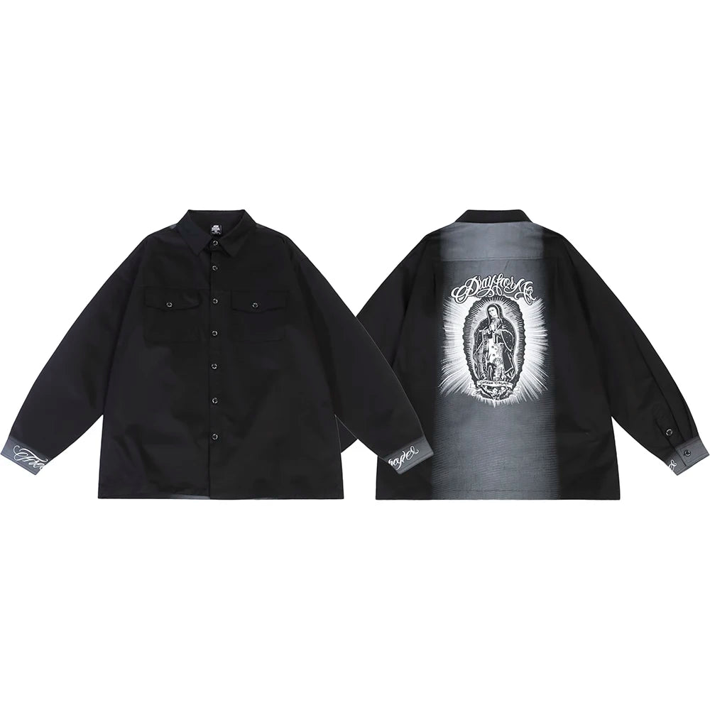 Back Characater Letter Print Washed Autumn Shirts for Men Lapel High Street Baggy Y2k Camisas Oversized Long Sleeve Blouses Street King Limited