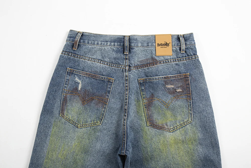 green painted hole washed blue baggy jeans mens streetwear distressed casual loose denim trousers ropa hombre frayed cargo pants unique cargo style 4331
