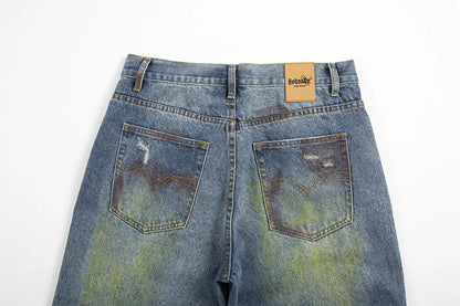 green painted hole washed blue baggy jeans mens streetwear distressed casual loose denim trousers ropa hombre frayed cargo pants unique cargo style 4331