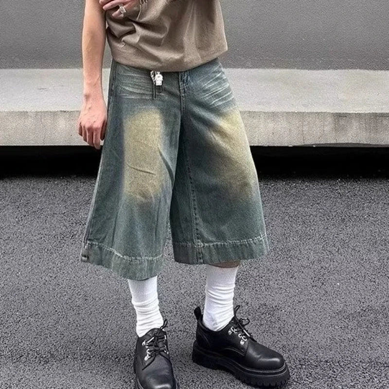 Summer Trend Denim Cropped Trousers Mens American Hip Hop Washed Wide Leg Shorts Unisex  High Street Straight Cowboy Mid Pants Street King Limited
