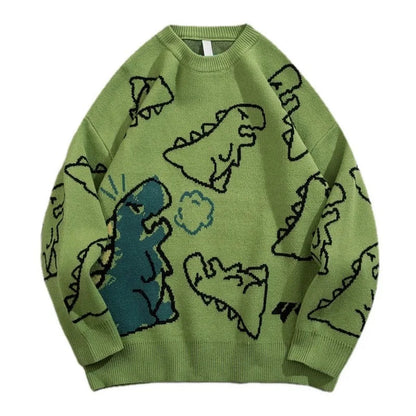 Fashion Knitted Sweater Autumn Winter O-neck Dinosaur Pattern Pullover Streetwear Unisex Casual Loose Sweaters Jumper Knitwears Street King Limited