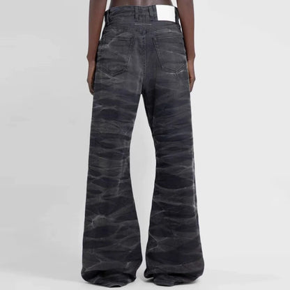 streetwear washed water wave patterned micro flared jeans for men straight pantalones hombre casual baggy denim trousers unique jeans style 4411