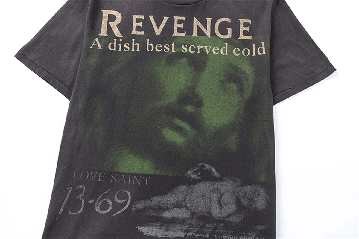 24ss Summer Retro Vintage Portrait Quality Printing High-Street Distressed T-Shirt Tops Street King Limited
