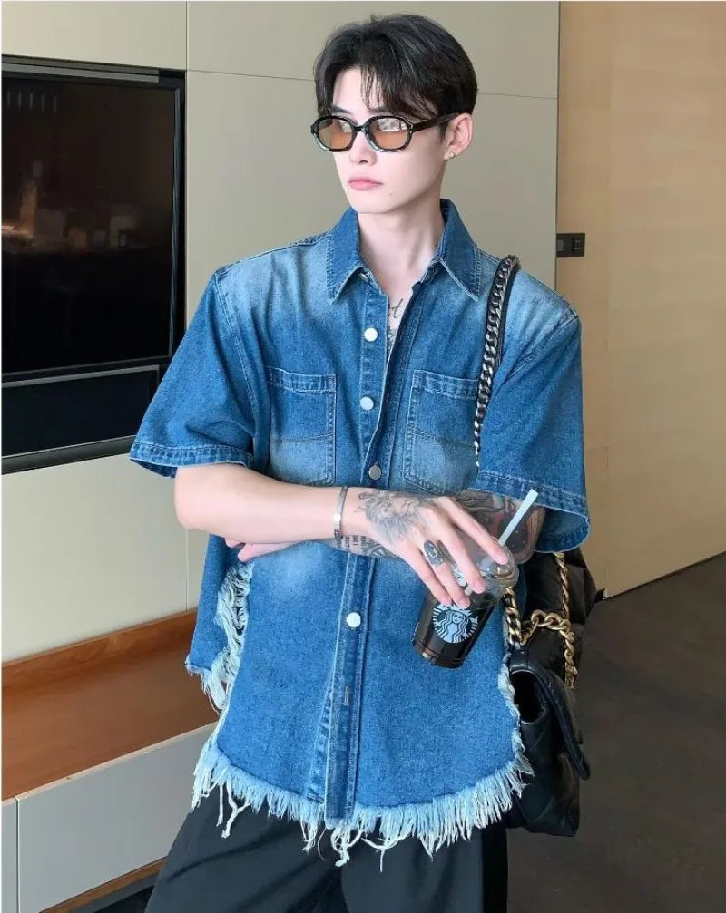 summer trend mens set shoulder padded short sleeved denim shirt quick drying casual pants 2 pcs set american retro street suit unique jeans style 3899