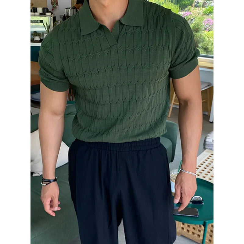 Summer New Knitted Polo Shirt Men's Short Sleeve Casual Half Sleeve Lapel Green T-Shirt Slim Top Street King Limited