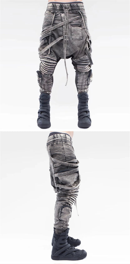 vintage motorcycle trousers joggers mens asymmetric straped pleated cross pants function elastic waist trousers unique joggers style 3589