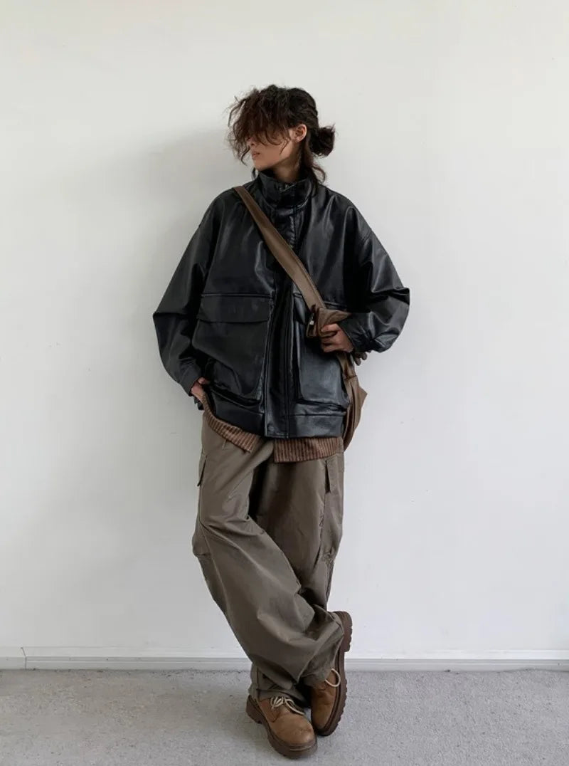 japanese spring pu leather jacket mens high street black profile tooling pilot jacket loose standing collar motorcycle outwear unique default style 2074