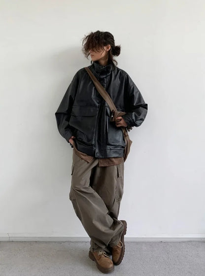 japanese spring pu leather jacket mens high street black profile tooling pilot jacket loose standing collar motorcycle outwear unique default style 2074