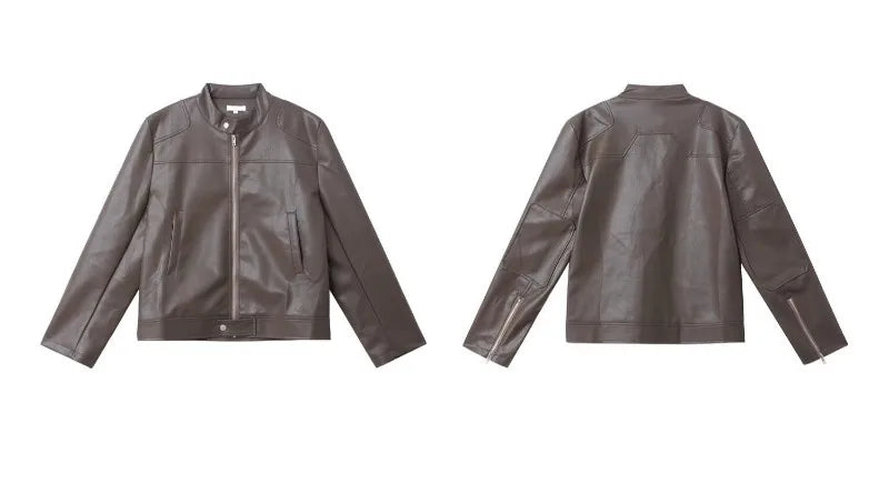 retro american street leather jacket mens autumn 2024 motorcycle standing collar trendy short coat zipper loose bomber outwear unique shorts style 2673