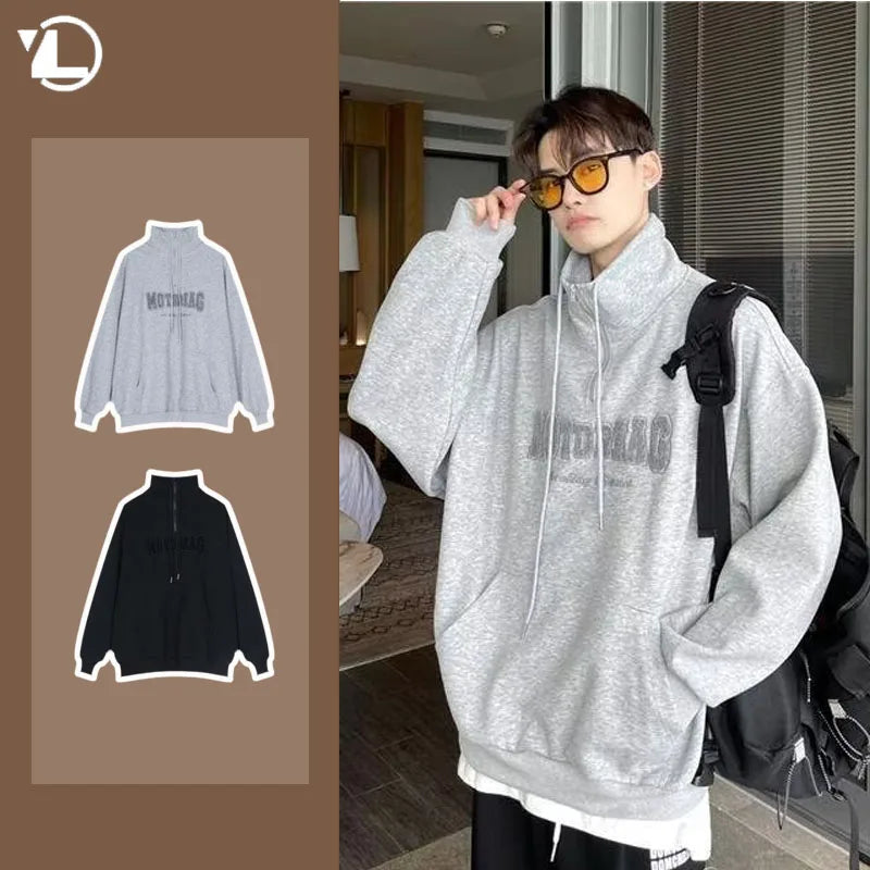 Street Half Zip Hoodie Mens Spring New Vintage Letter Embroidery Loose Sweatshirt Drawstring High Collar Big Pocket Pullover Top Street King Limited