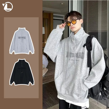 Street Half Zip Hoodie Mens Spring New Vintage Letter Embroidery Loose Sweatshirt Drawstring High Collar Big Pocket Pullover Top Street King Limited
