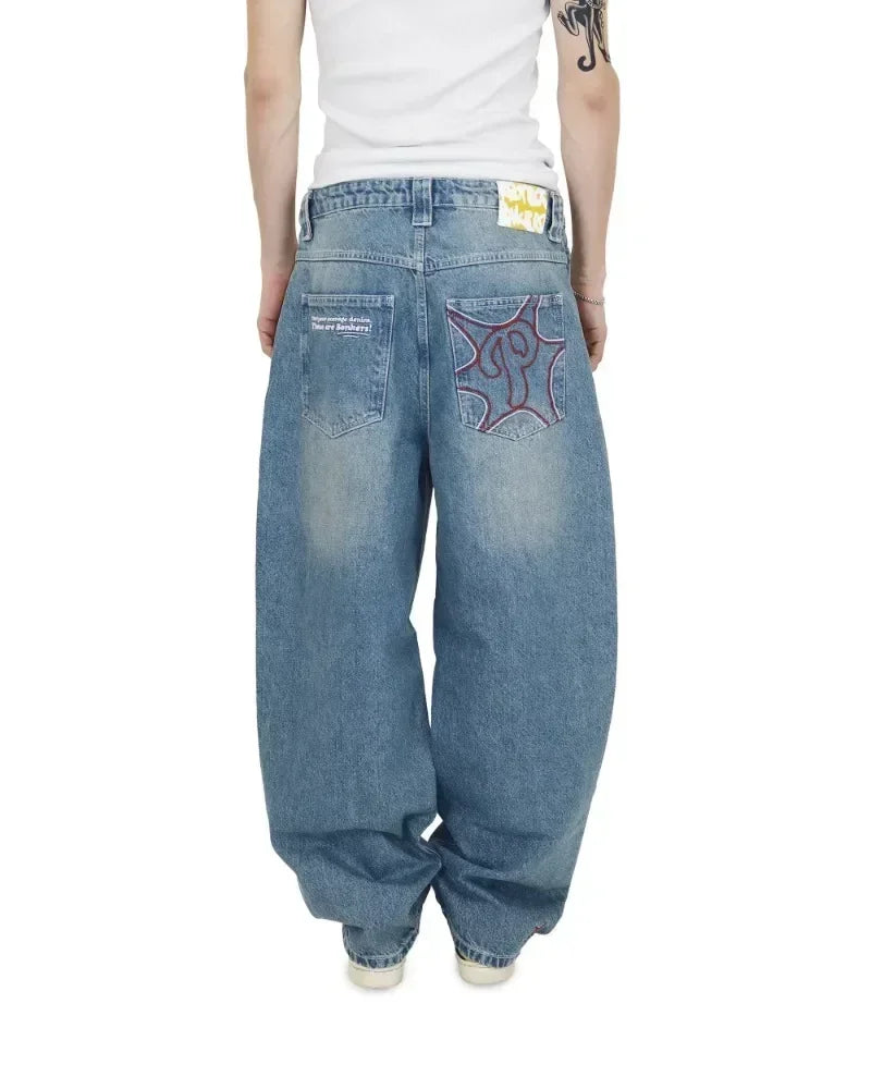 Y2K Mens Pants Letter Embroidered Retro Blue Loose Jeans High Waist Wide Leg Pants Harajuku Hip Hop Protect Streetwear Jeans Street King Limited
