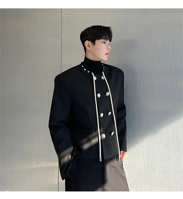 men double breasted drawstring collar loose casual fashion short jacket male korean streetwear vintage coat man unique shorts style 372
