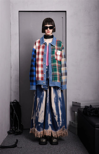 men hip hop denim jacket plaid patchwork oversized harajuku y2k unisex jeans jackets 2023 man fashion causal jacket outwear unique jeans style 1394