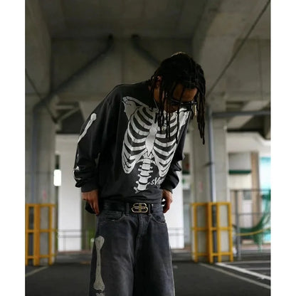 Vintage Retro Summer Skeleton round neck printed loose retro Sweater washed worn Pullover High-Street Long Sleeve Tee Street King Limited