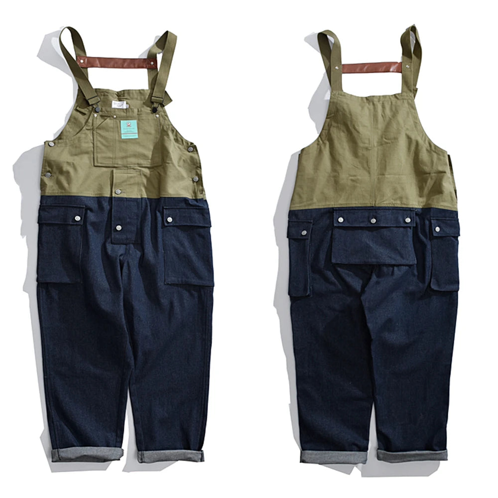 2023 summer cargo overalls pants men patchwork denim jumpsuits loose work pants solid color casual streetwear cargo trousers unique cargo style 4330
