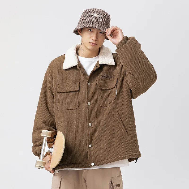 fashion men lamb fleece polo collar cotton padded coat winter embroidery loose thicken warm corduroy wadded jacket male outwear menswear bottoms