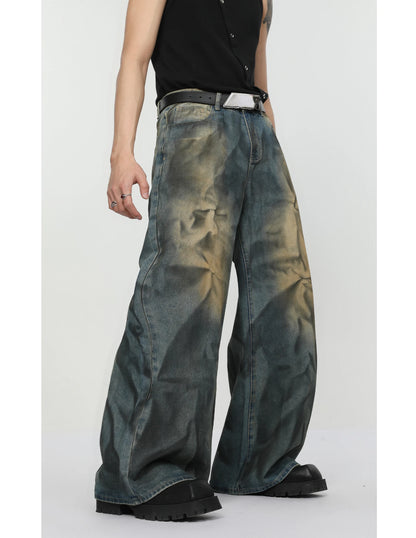 2 pieces sets mens fashion dirty graffiti wide shouder denim jeans jacket coat and wide legs pants joggers new streetwear sets unique joggers style 3572