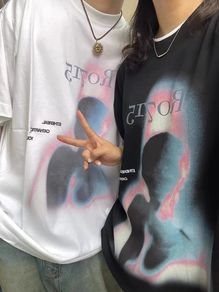 Fashionable Korean new style printed graphic T shirt summer cotton men and women y2k street hip hop loose half sleeved top Street King Limited