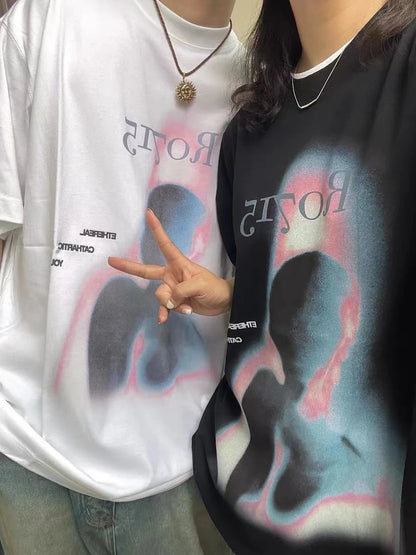 Fashionable Korean new style printed graphic T shirt summer cotton men and women y2k street hip hop loose half sleeved top Street King Limited
