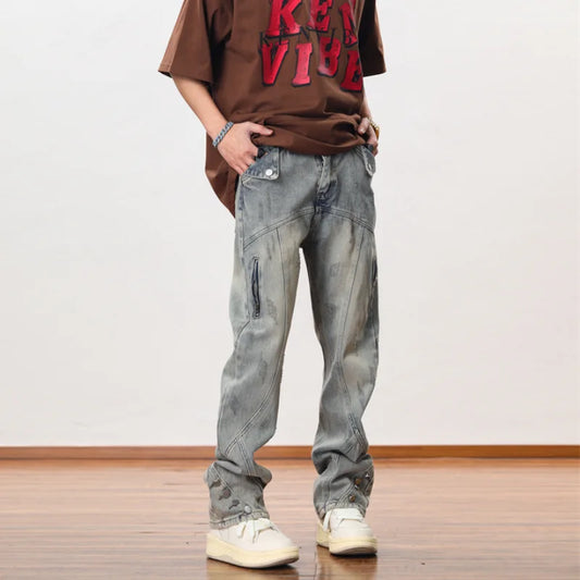 hip hip streetwear denim straight pants mens harajuku retro washed cotton casual zipper joggers jeans trousers pants jean men urban active pants