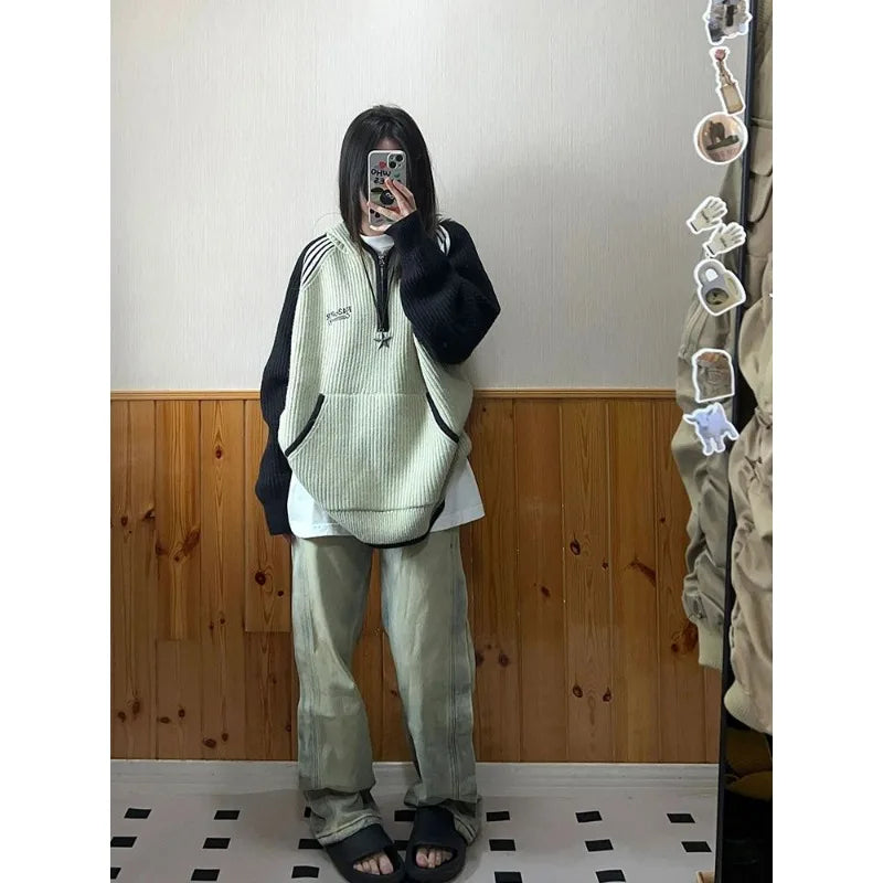 Deeptown Goth Punk Women's Ripped Knitted Sweater Gothic Vintage Jumper Grunge Y2k Knitwear Oversized Autumn Fashion Harajuku Street King Limited