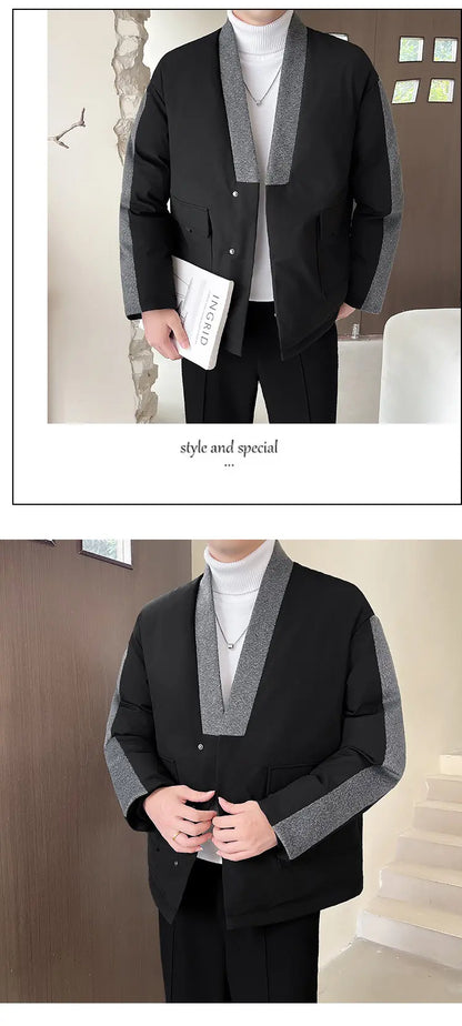 2024 Winter Collarless Cotton-padded Jacket Men Japanese Korean Fashion Loose Casual Thicken Warm Parkas Jacket Cityboy Coat Street King Limited