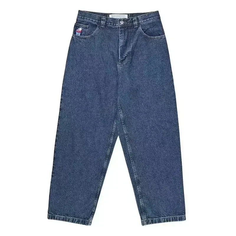 retro blue baggy jeans y2k pants hip hop cartoon streetwear polar big boy jeans embroidery mens womens high waist wide trouser stacked flare jeans