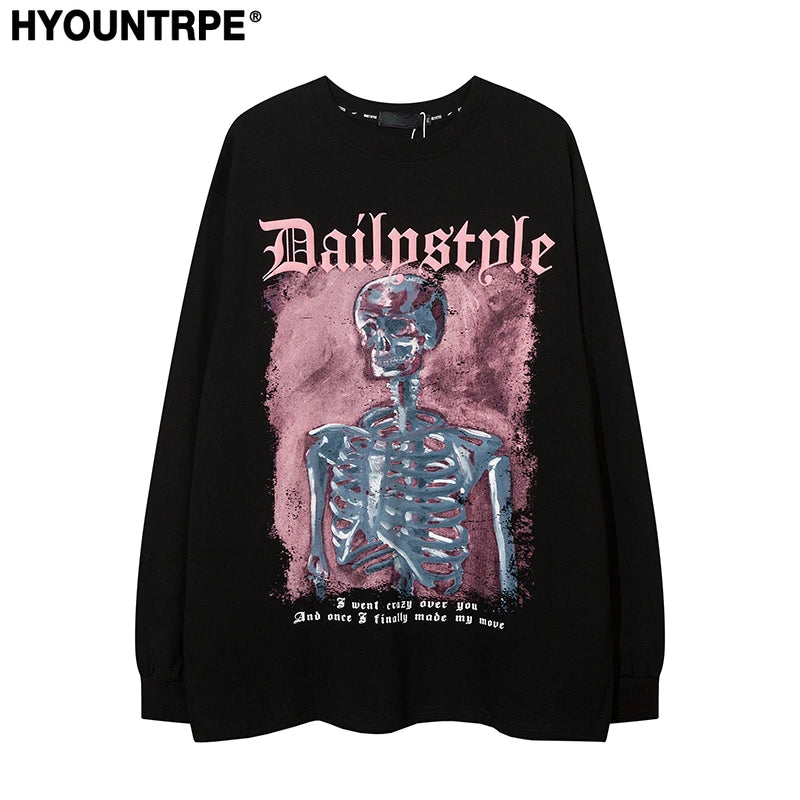 Harajuku Skull Skeleton Printed O-neck T-shirt Men Hip Hop Oversized Tshirt Fashion Unisex Casual Cotton Long Sleeve Tops Tees Street King Limited