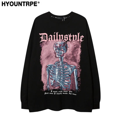 Harajuku Skull Skeleton Printed O-neck T-shirt Men Hip Hop Oversized Tshirt Fashion Unisex Casual Cotton Long Sleeve Tops Tees Street King Limited