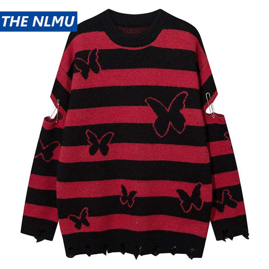 2023 Hip Hop Striped Knitted Sweater Streetwear Butterfly Graphic Distressed Ripped Pullover Men Harajuku Casual Knitwear Unisex Street King Limited