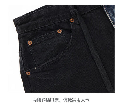 men streetwear fashion black blue splice hip hop loose casual wide leg straight baggy jeans pant cityboy jeans pants trousers unique jeans style 2533