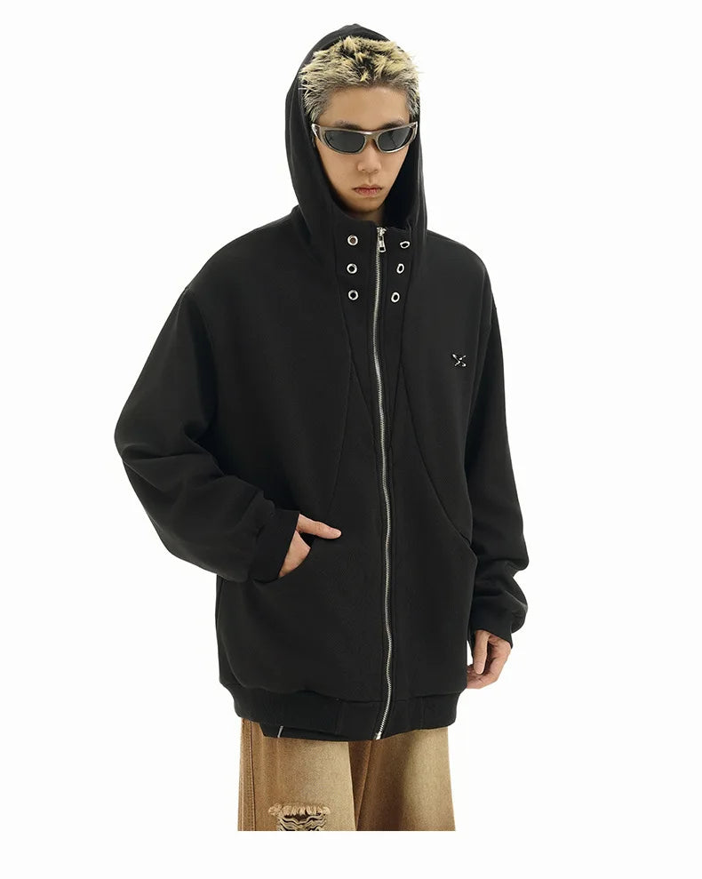 high street men structure line high collar hoodie jacket autumn winter rascal handsome versatile casual zipper coat unisex unique default style 5726