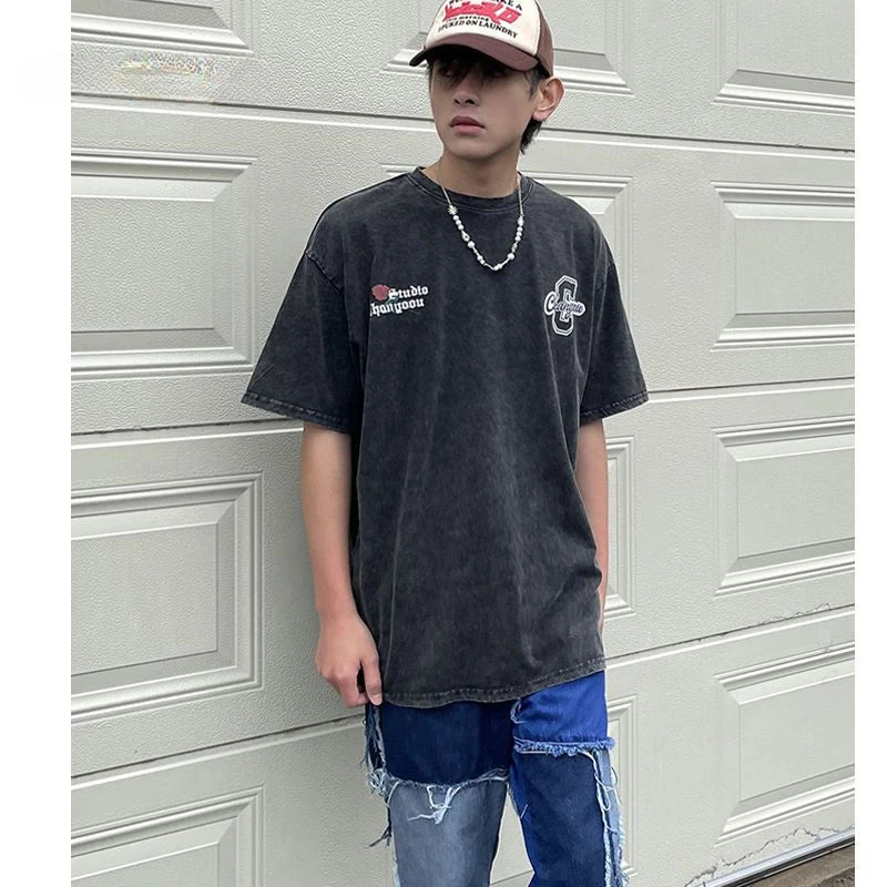 Retro back rose print washed distressed t-shirt national fashion brand pure cotton short-sleeved men's couple wear half-sleeved Street King Limited