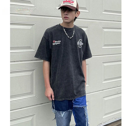Retro back rose print washed distressed t-shirt national fashion brand pure cotton short-sleeved men's couple wear half-sleeved Street King Limited