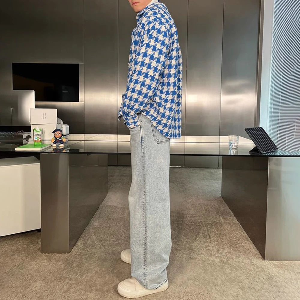 2024 Spring New Simple Versatile Fashionable Blue Houndstooth Woolen Shirt Style Genderless Casual Unisex Long-Sleeved Shirt Street King Limited