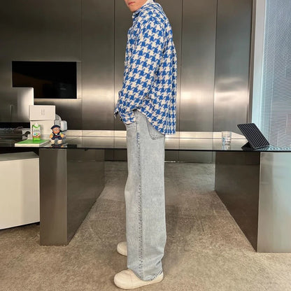 2024 Spring New Simple Versatile Fashionable Blue Houndstooth Woolen Shirt Style Genderless Casual Unisex Long-Sleeved Shirt Street King Limited