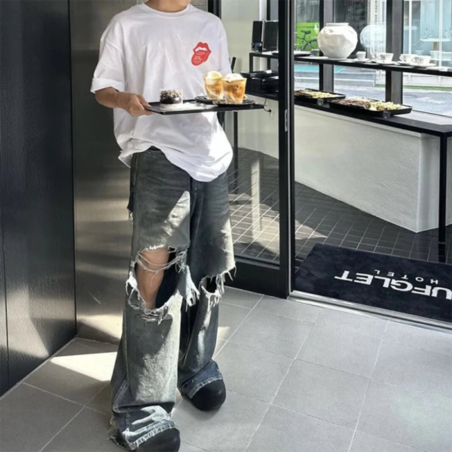 mens baggy jeans blue distressed ripped loose denim pants streetwear oversized hip hop jeans trousers unique jeans style 727