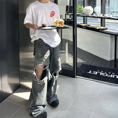 mens baggy jeans blue distressed ripped loose denim pants streetwear oversized hip hop jeans trousers unique jeans style 727