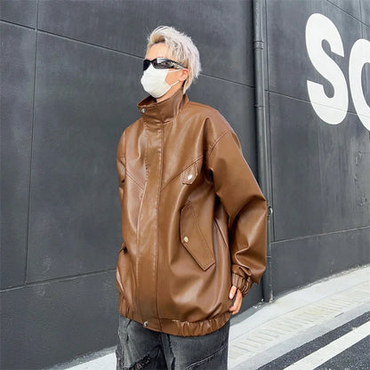spring autumn vintage cool soft pu leather moto jacket men luxury designer clothes motorcycle trendy jacket with pockets minimalist street pants