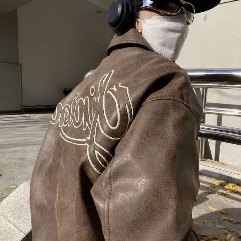 american motorcycle pu leather jacket mens street hip hop letter embroidery loose coat college retro pilot baseball outwear urban fashion pants