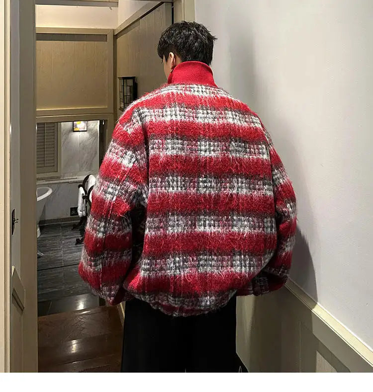 men turtleneck trendy brand fashion stripe christmas woolen bomber jacket women oversize plaid top coat outerwear unique default style 1155