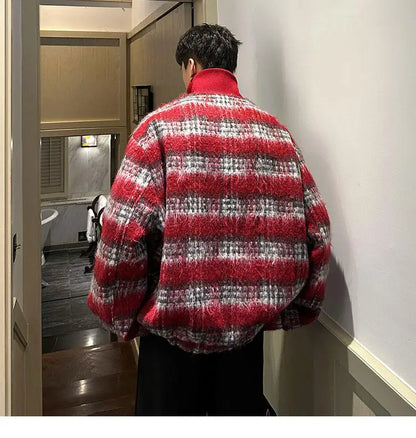 men turtleneck trendy brand fashion stripe christmas woolen bomber jacket women oversize plaid top coat outerwear unique default style 1155